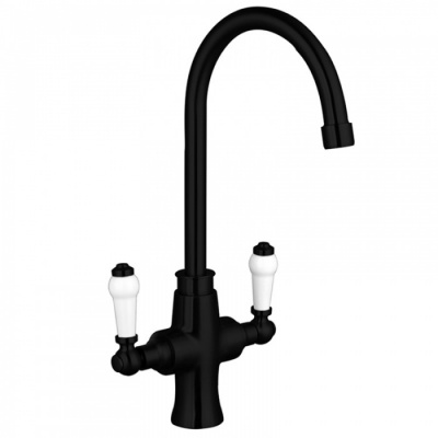 Rura Black Swan Neck Sink Tap - Feature White Levers